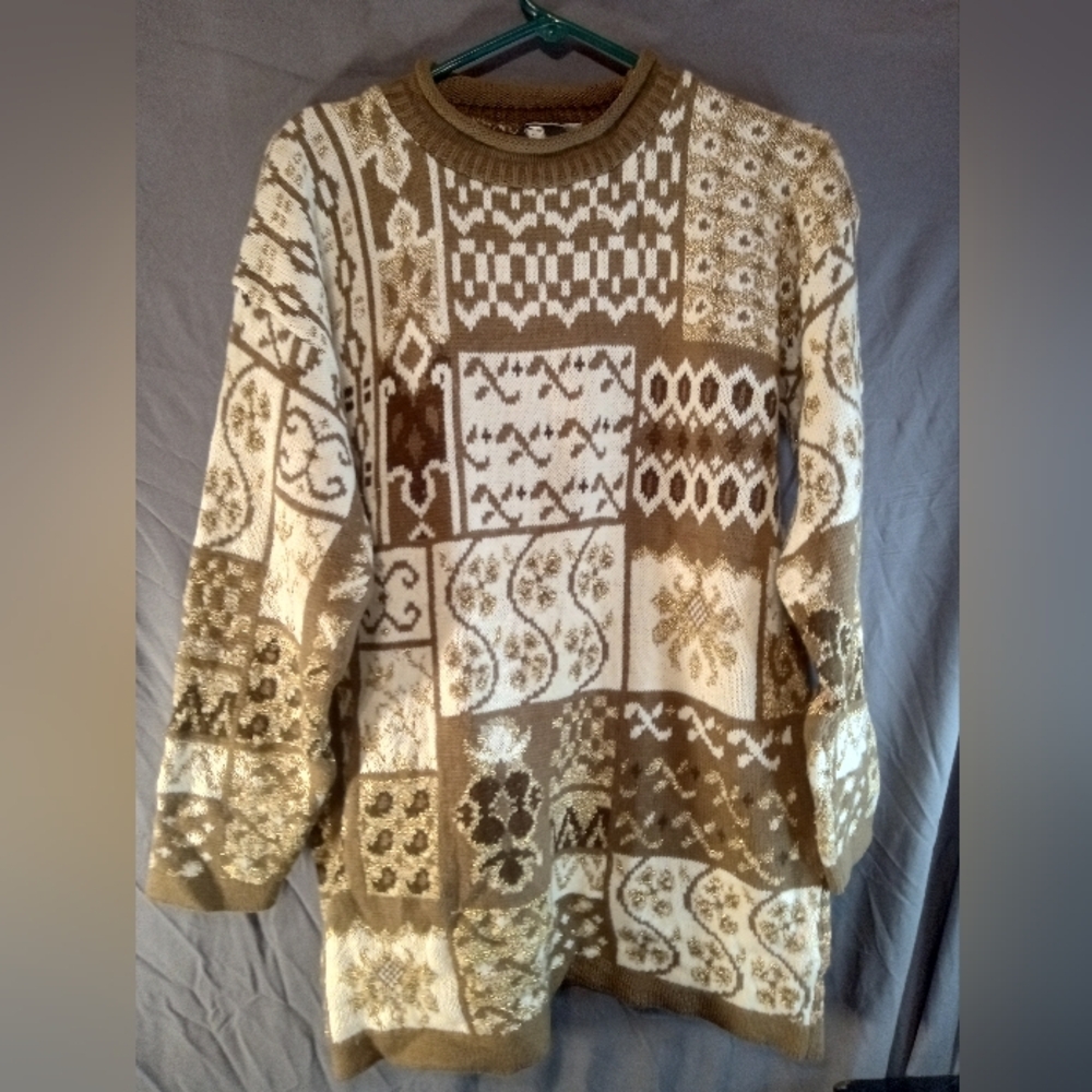 Vintage IN Charge Brown and Cream Oversized Patterned Sweater